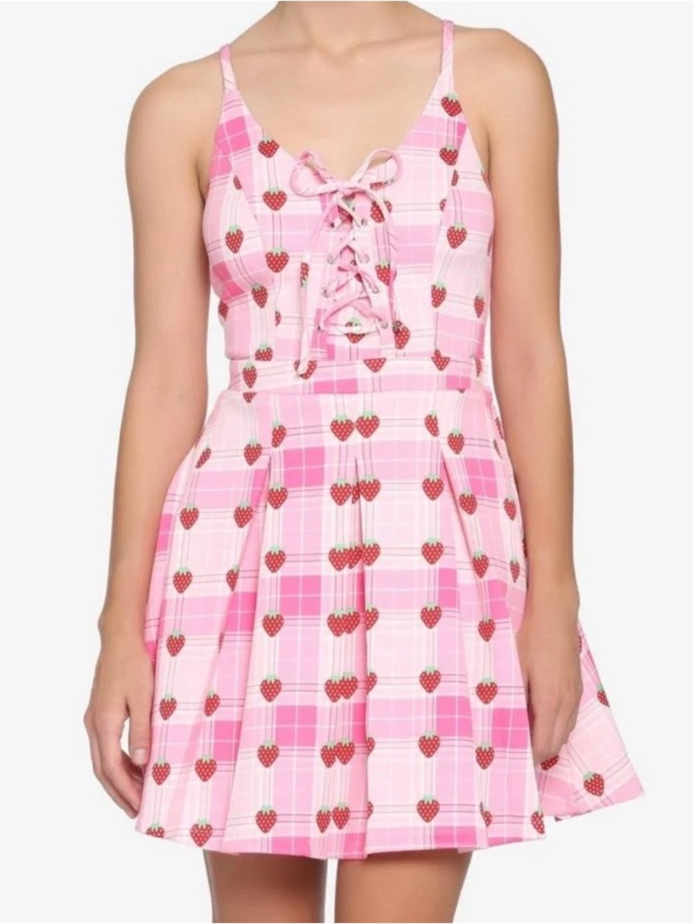Flirty Strawberry Plaid Lace-Up Dress 2X 🍓 Pink Kawaii Coquette NWT Hot Topic